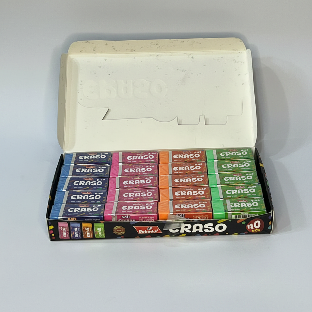 Bahadur ERASO Soft Erasers - Open Box Showing 40 Colorful Erasers