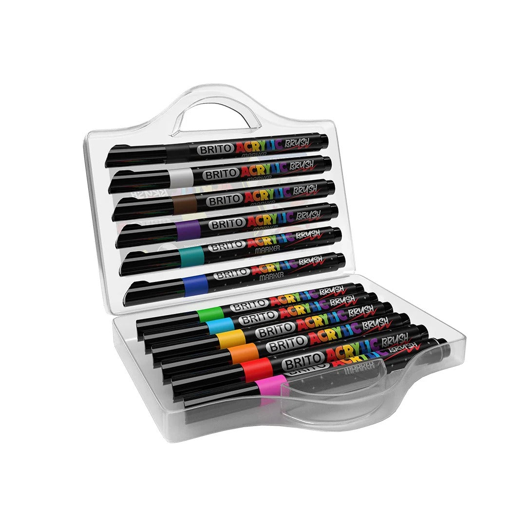 Mercury Brito Acrylic Brush Marker 12 colours in transparent carry case open view showing all colour markers