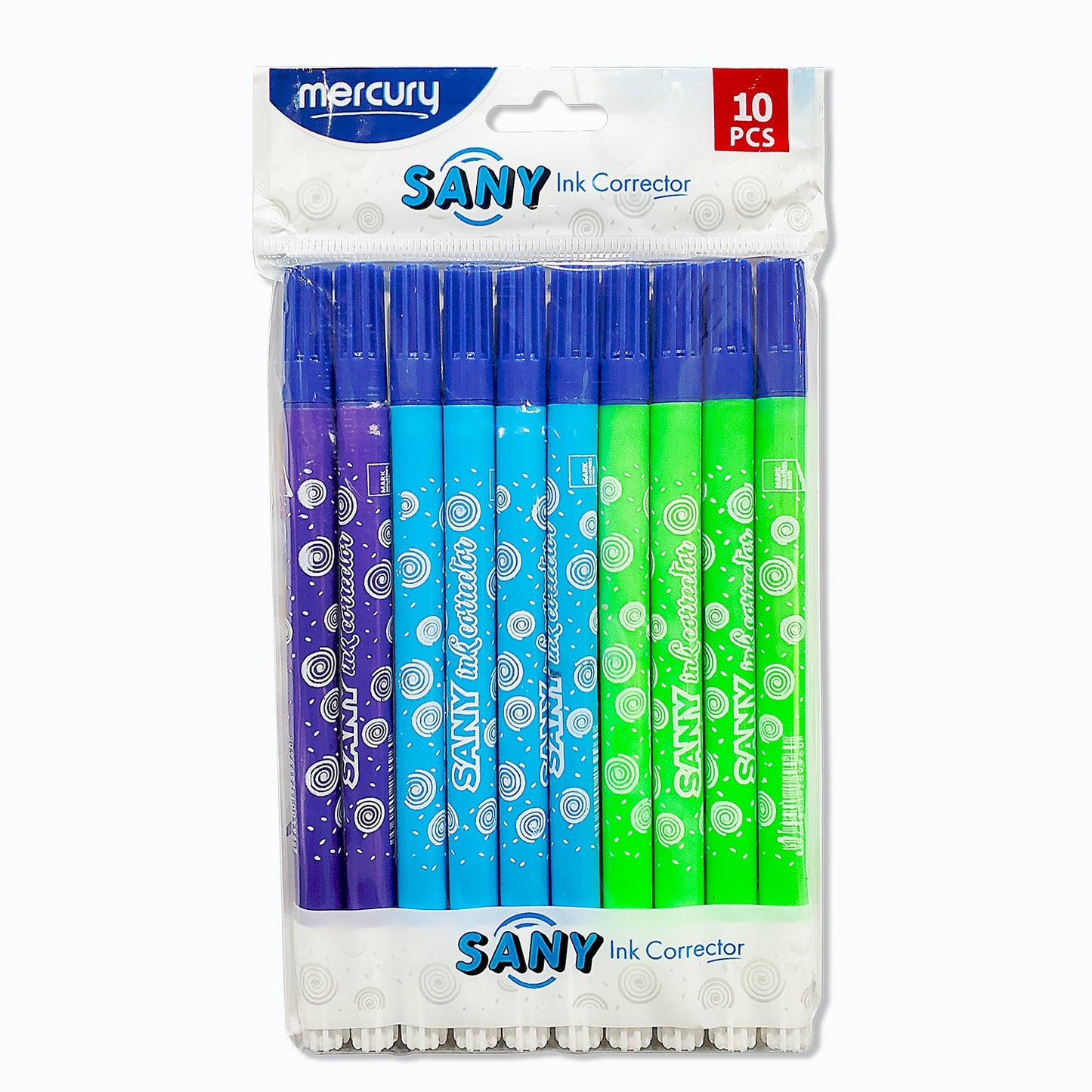 Mercury Sany Ink Corrector 10 piece pen set in purple blue and green assorted colours