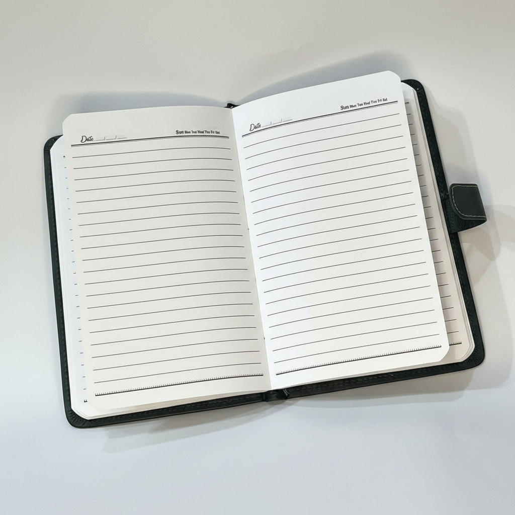 Forever Diary Dark Green - Open Showing White Lined Pages with Date and Weekly Tracker