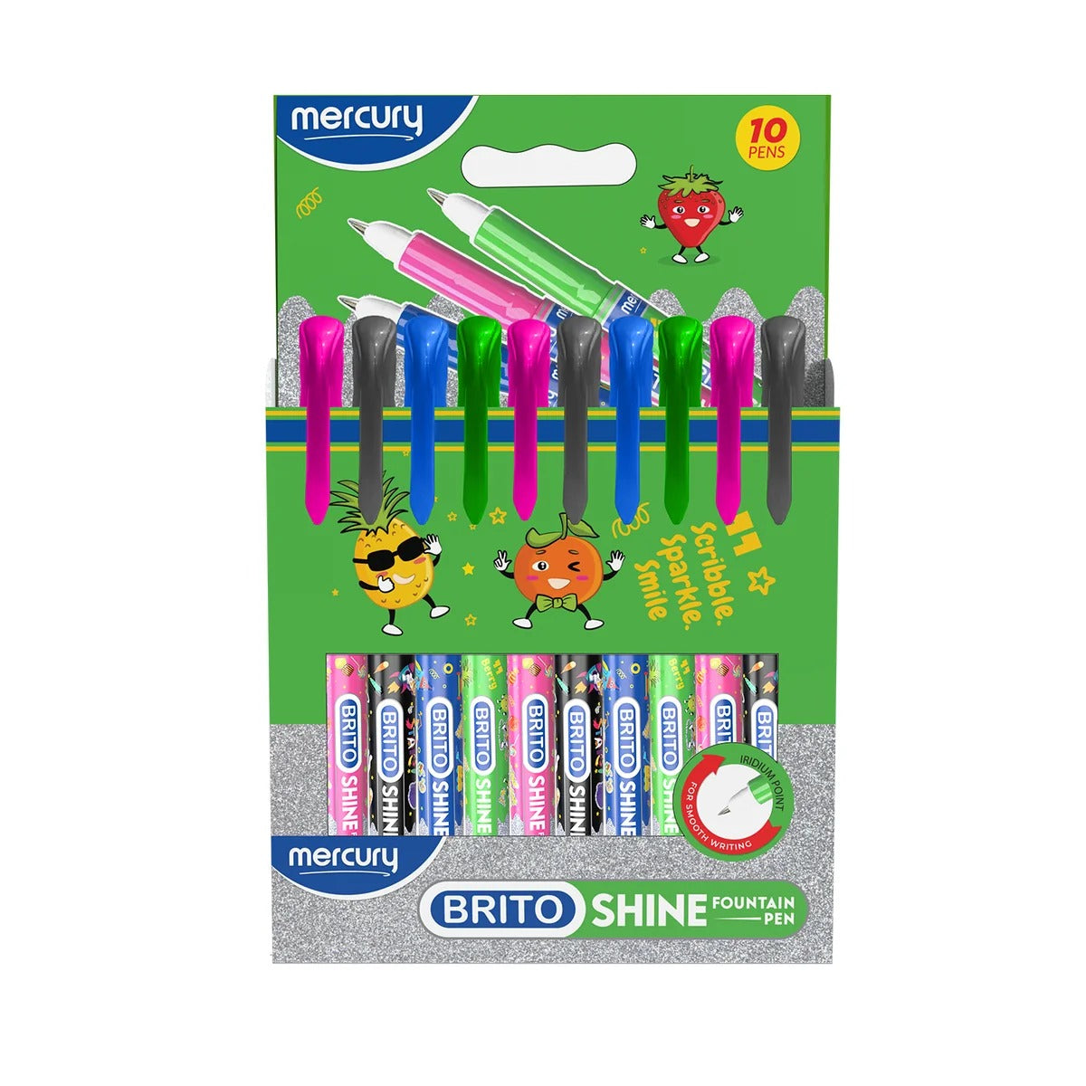 Mercury Brito Shine Fountain Pen 10 pack green display box with glitter barrel pens in assorted colours