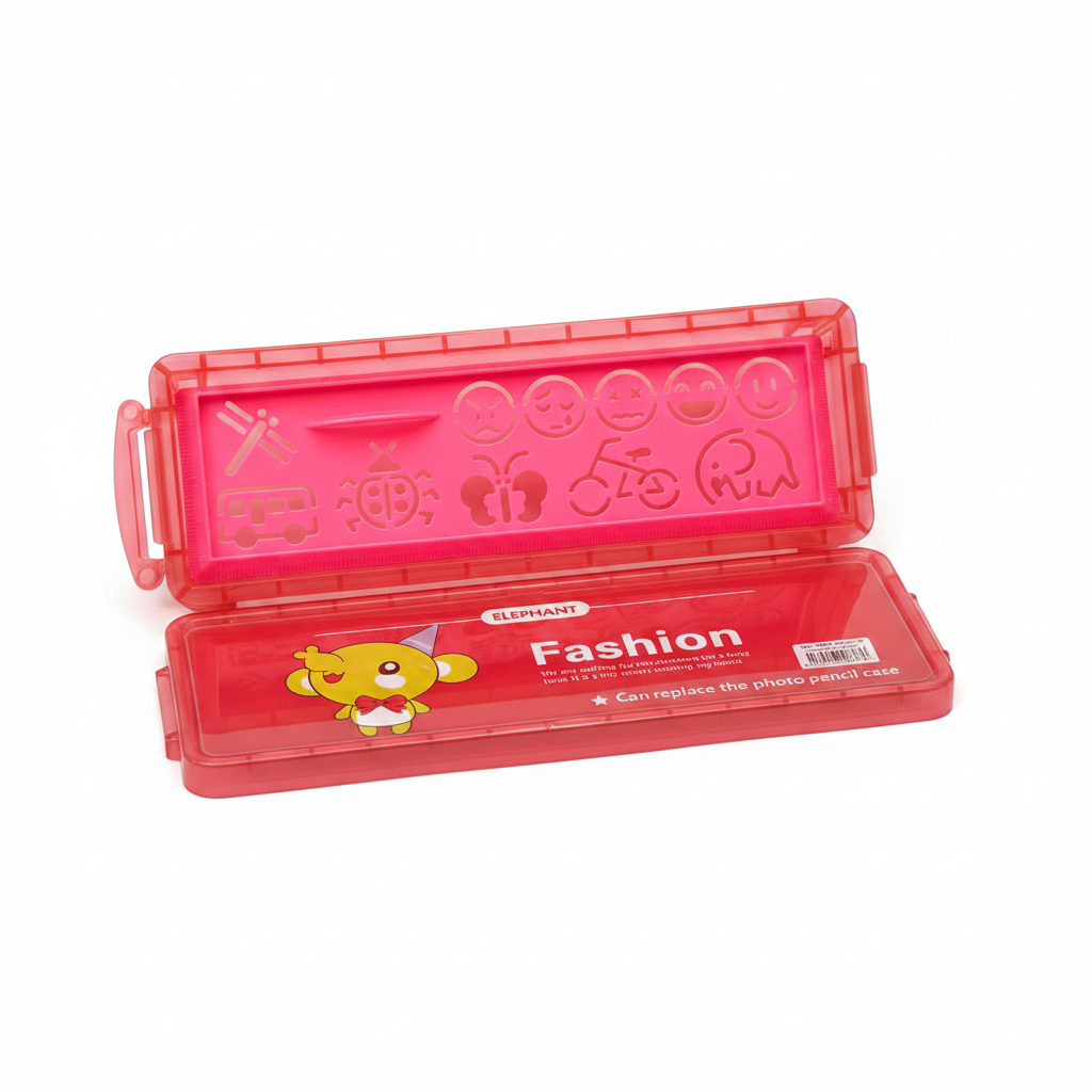 Elephant Fashion Pencil Case - Open Showing Transparent Stencil Tray with Emoji and Transport Shapes