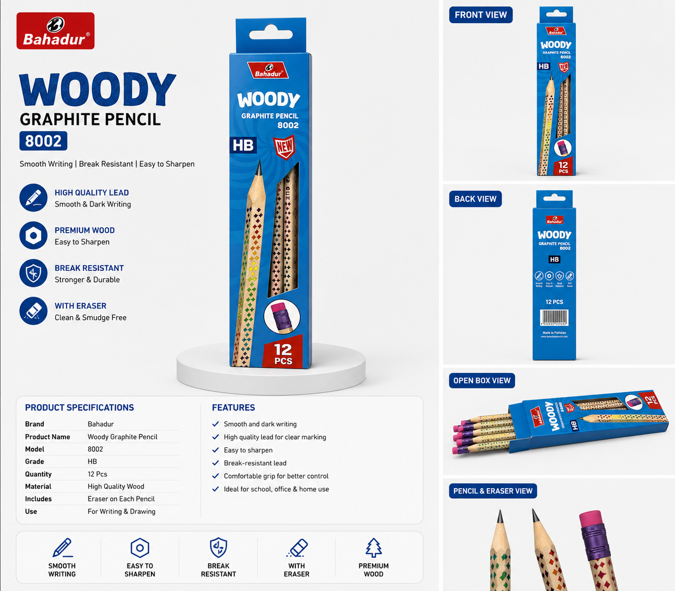 Woody by Bahadur HB Graphite Pencil 12 Pcs