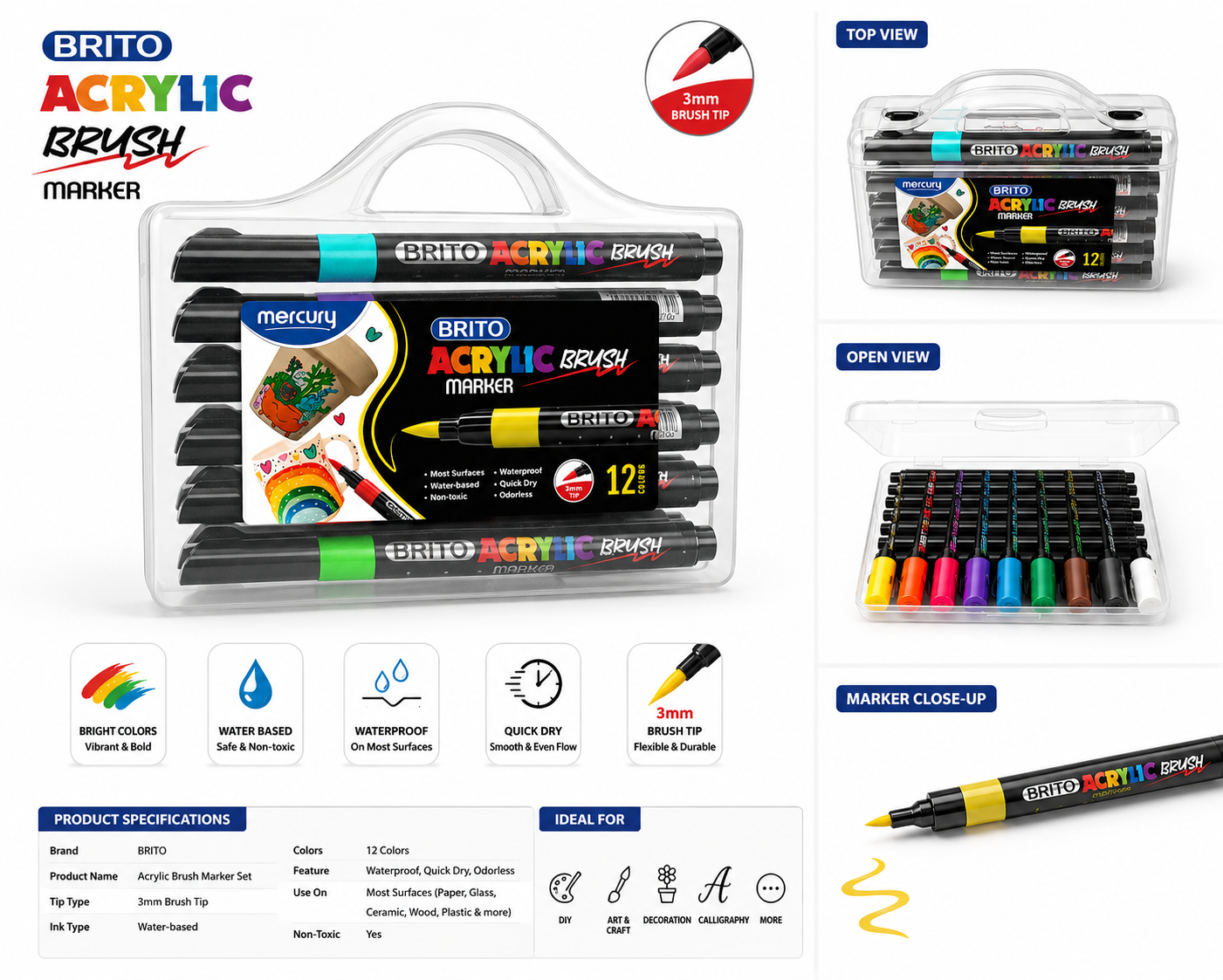 Mercury Brito Acrylic Brush Marker – 3mm Brush Tip, Waterproof & Non-Toxic, 12 Colours in Carry Case