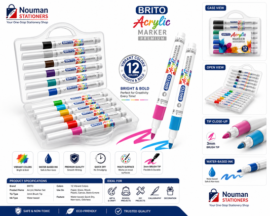Mercury Brito Acrylic Marker Premium – Dual Tip, 12 Vivid Colours in Carry Case