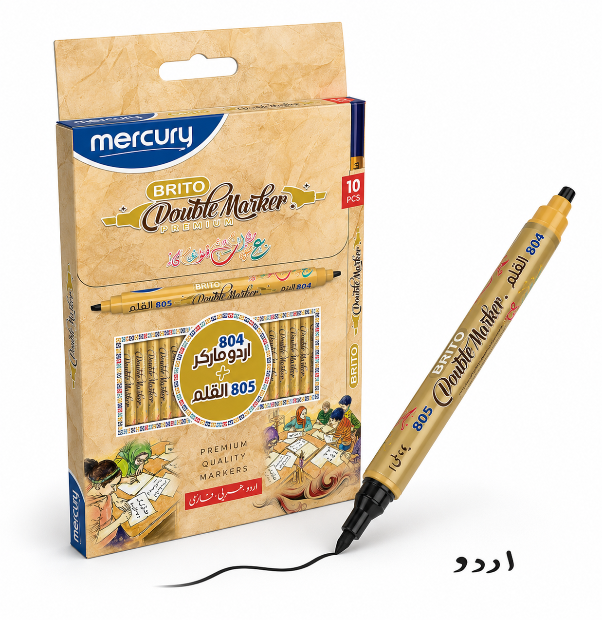 Mercury Brito Double Marker Premium – 804 + 805 Dual Tip Urdu Calligraphy Pen, 10 Pack