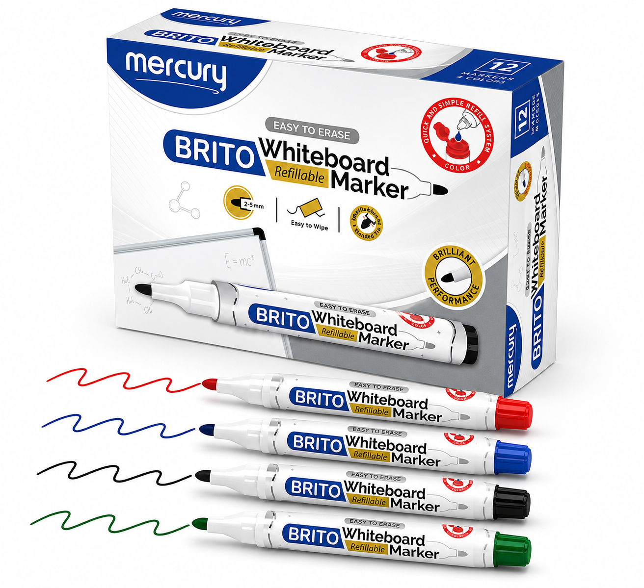 Mercury Brito Whiteboard Refillable Marker – 12 Pack (2-5mm Tip)
