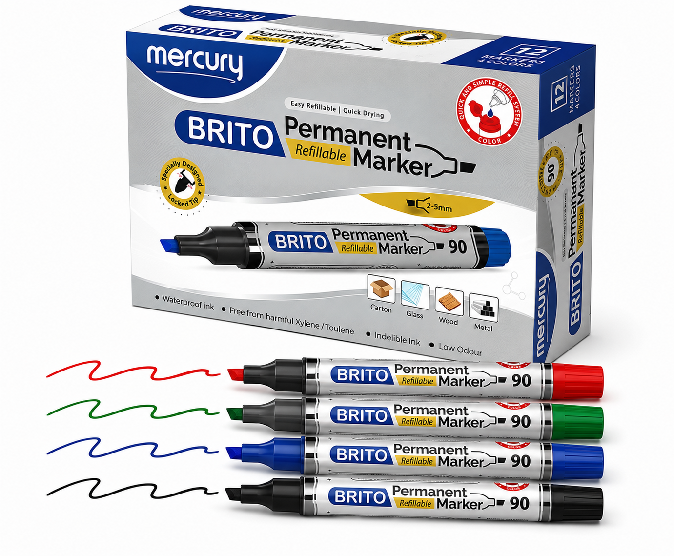 Mercury Brito Permanent Refillable Marker – 12 Pack (2-5mm Tip)