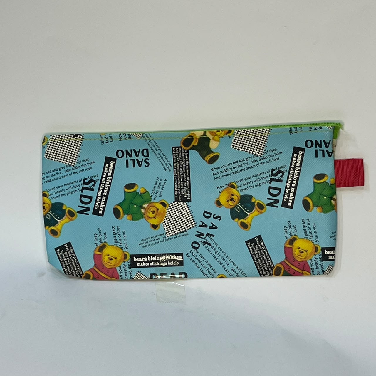 Light blue teddy bear newspaper print pencil pouch