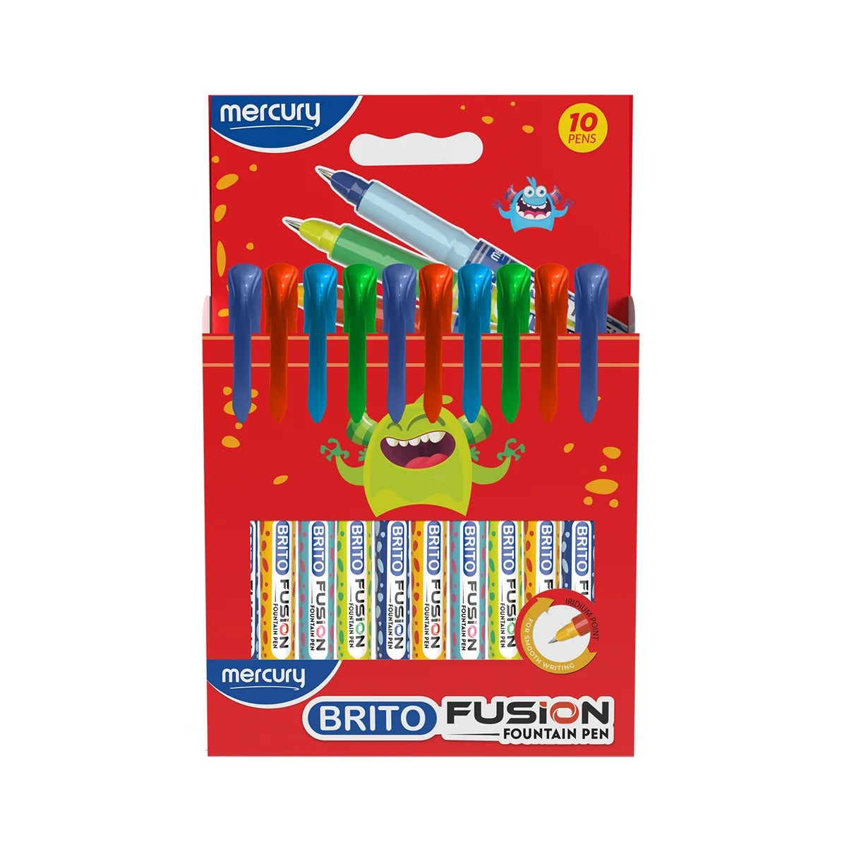 Mercury Brito Fusion Fountain Pen 10 pack display box in red with assorted colour pens