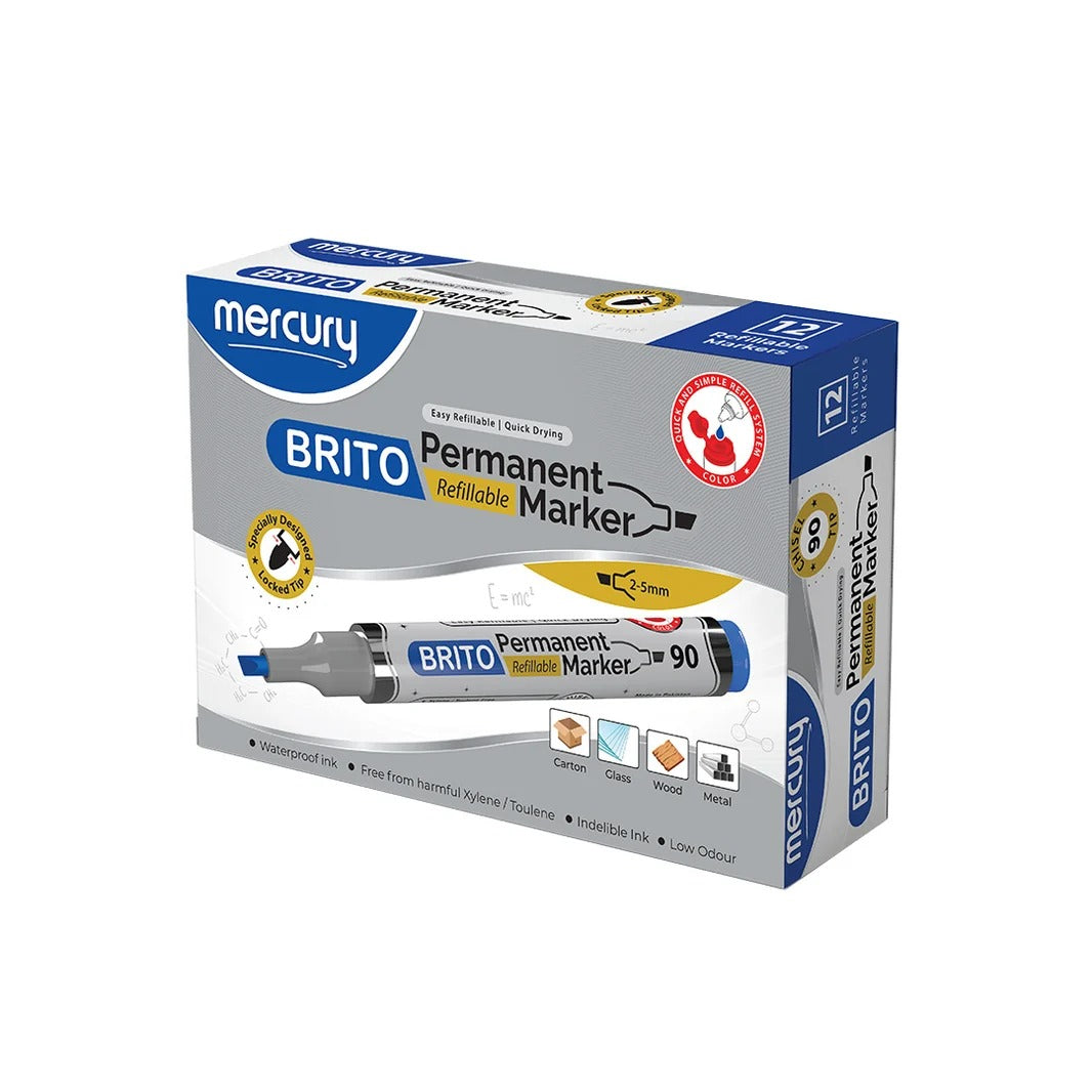 Mercury Brito Permanent Refillable Marker 12 pack box with chisel tip marker