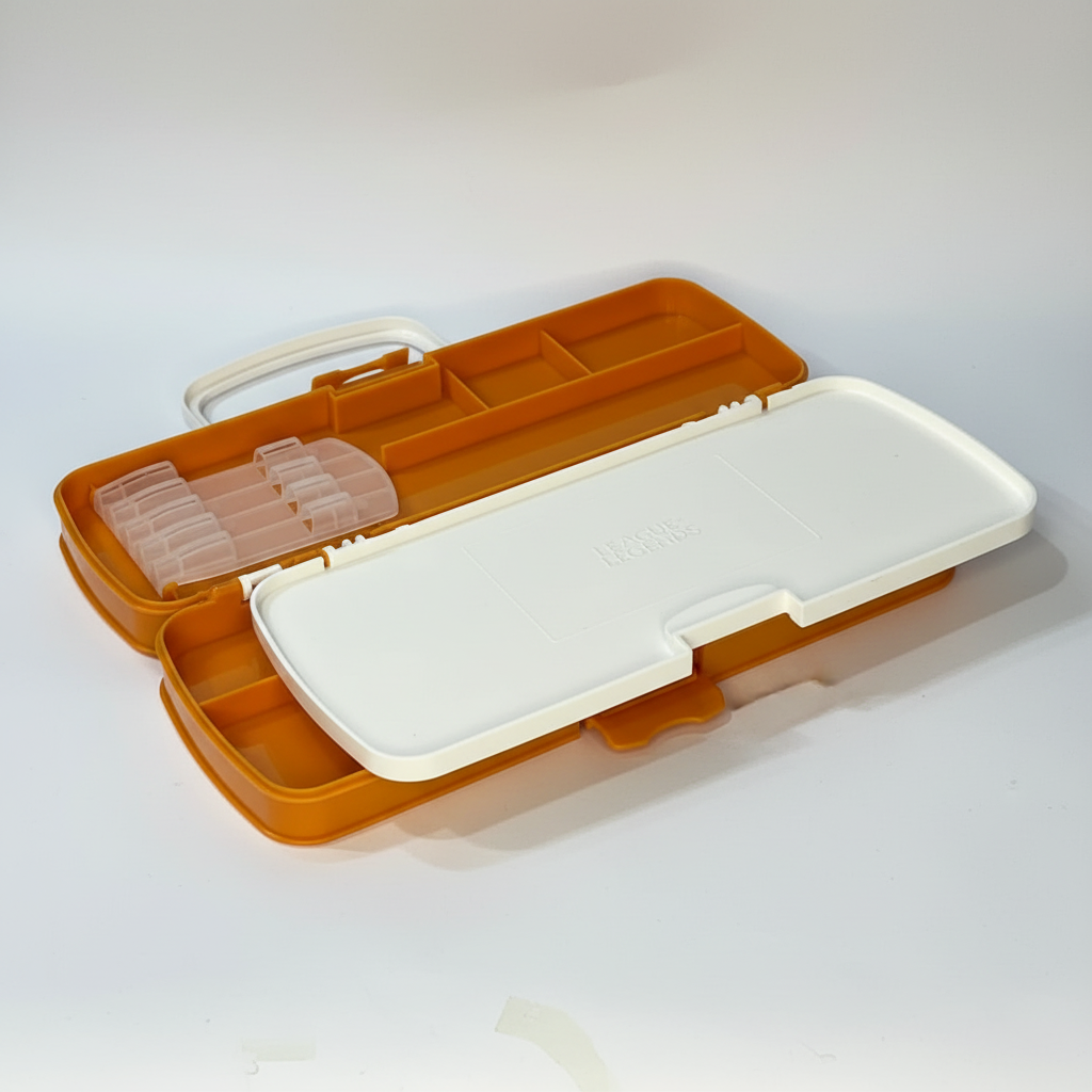 League of Legends Geometry Box - Open Showing Orange Interior with Clear Sharpener Tray