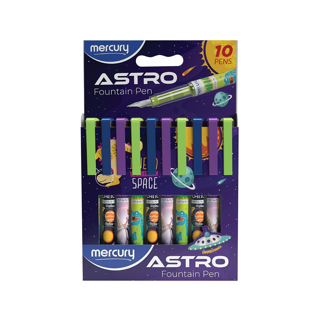 Mercury Brito Astro Fountain Pen 10 pack purple display box with space and dinosaur planet design