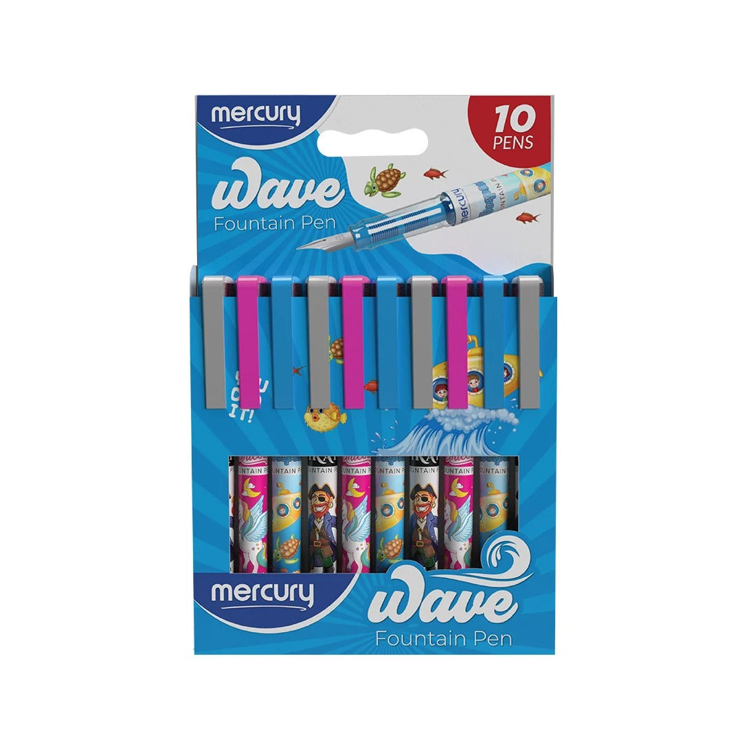 Mercury Brito Wave Fountain Pen 10 pack blue display box with ocean adventure character design pens