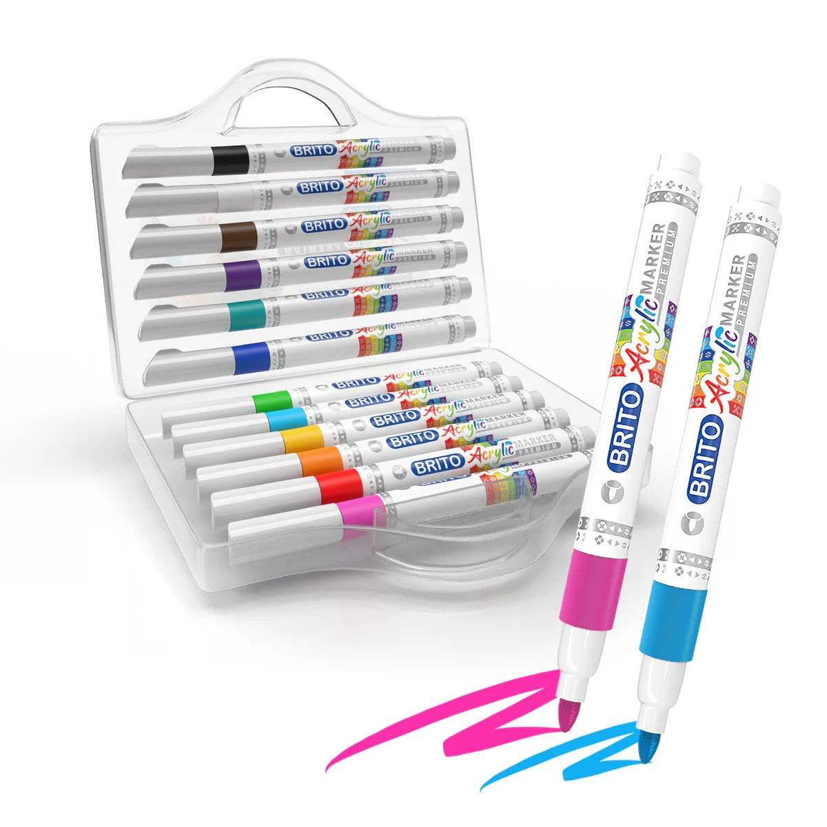 Mercury Brito Acrylic Marker Premium 12 vivid colours dual tip in transparent carry case with handle