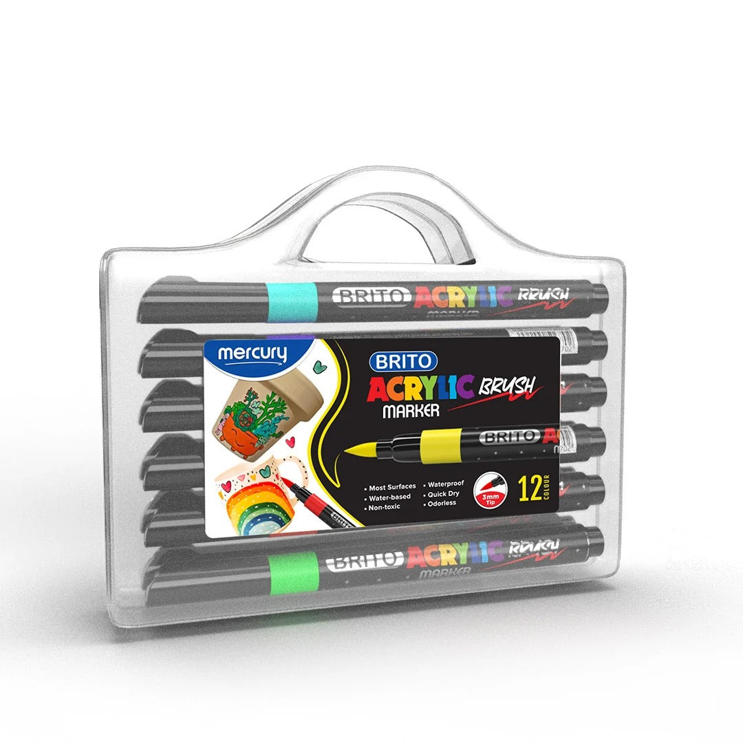 Mercury Brito Acrylic Brush Marker 12 colours in transparent carry case closed view with handle