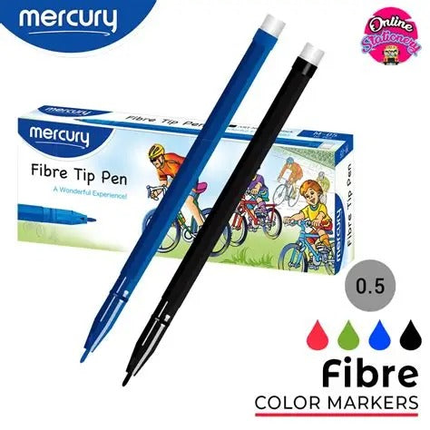 Mercury Fibre Tip Round Marker M-05 0.5mm in blue and black with box showing 4 colour options