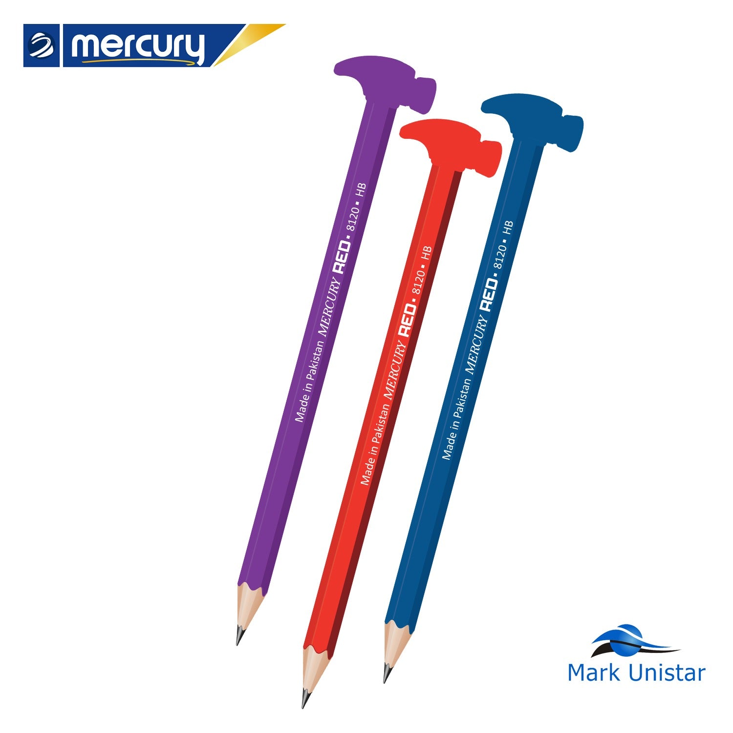 Mercury Red 8120 Hammer-Top HB Pencils in purple red and blue with hammer shaped eraser topper