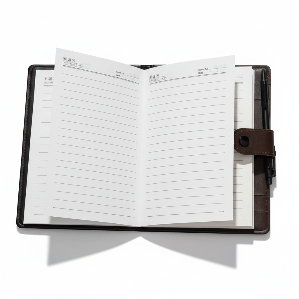 Next Notes Premium Notebook - Open Showing White Lined Pages with Memo and Date Fields