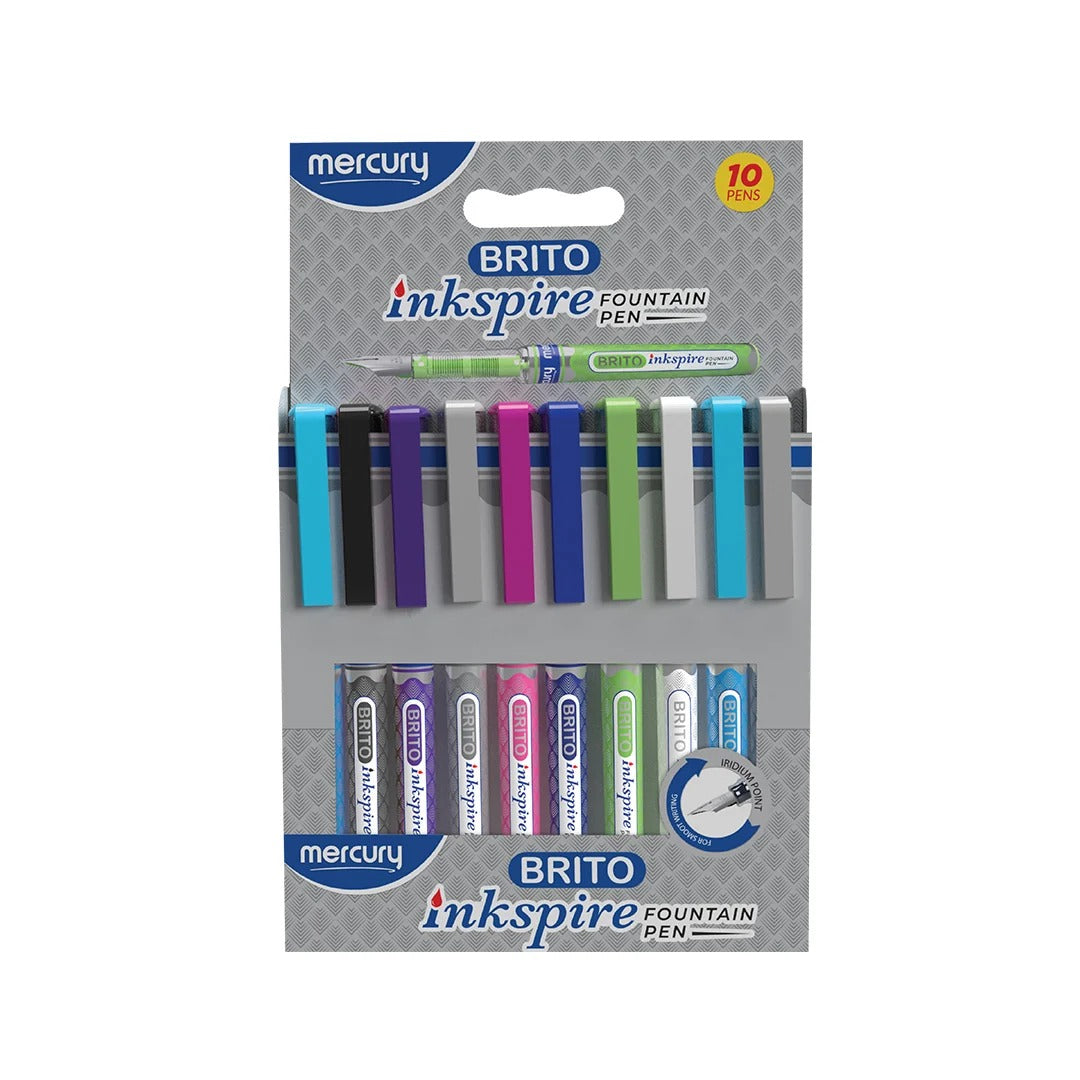 Mercury Brito Inkspire Fountain Pen 10 pack grey display box with assorted colour pens