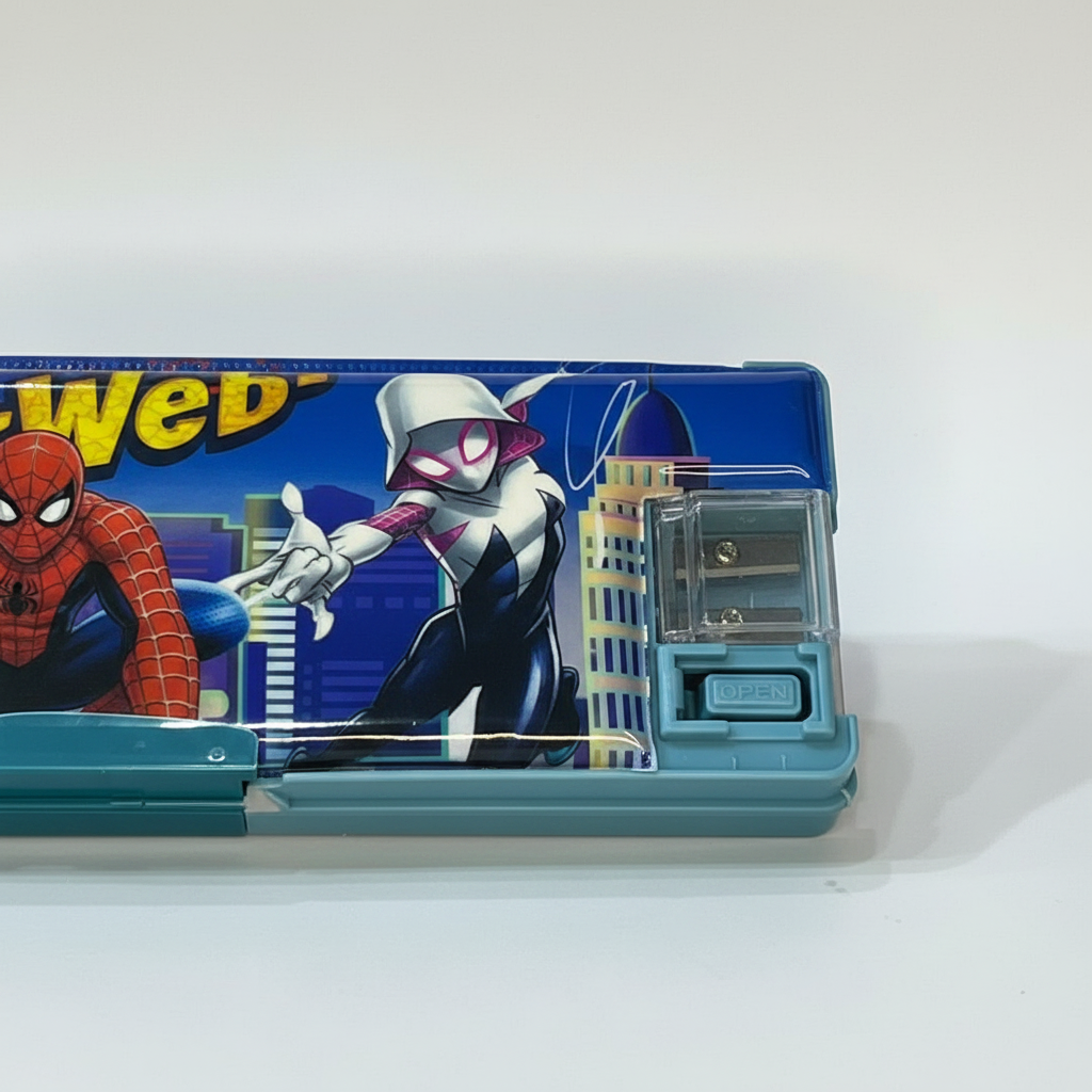 Spider-Man Geometry Box - Side View Showing Built-in Sharpener and Ruler Slot