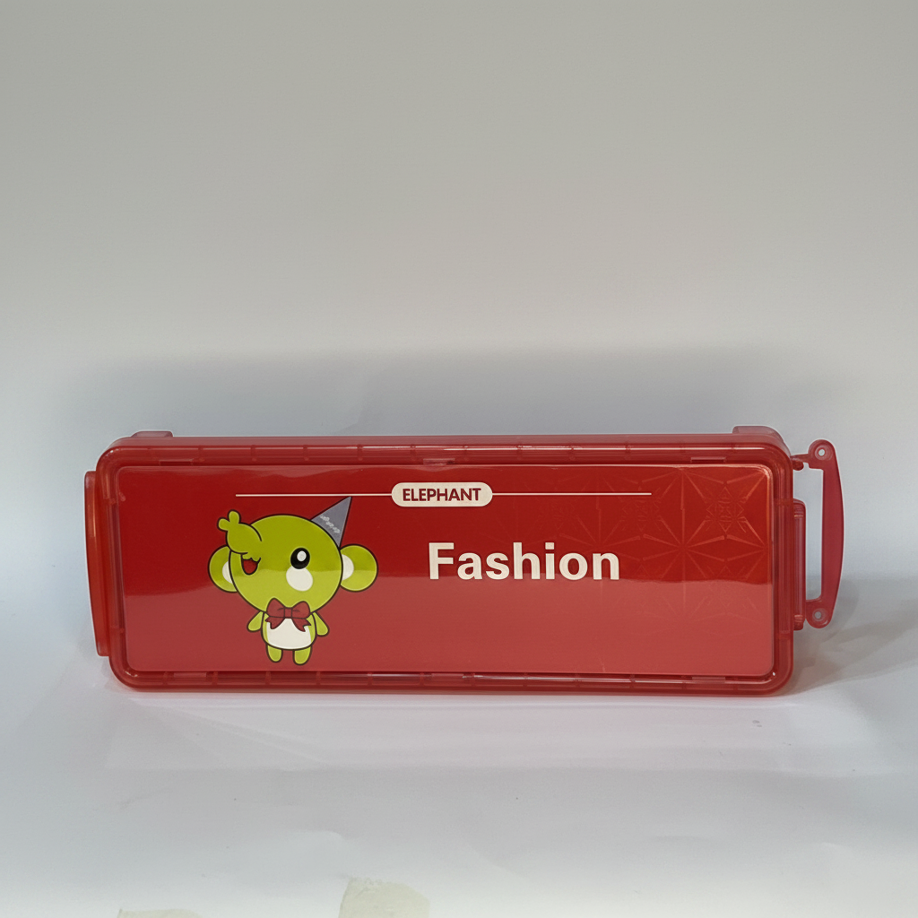 Elephant Fashion Pencil Case - Red Case with Green Cartoon Bear and Fashion Print