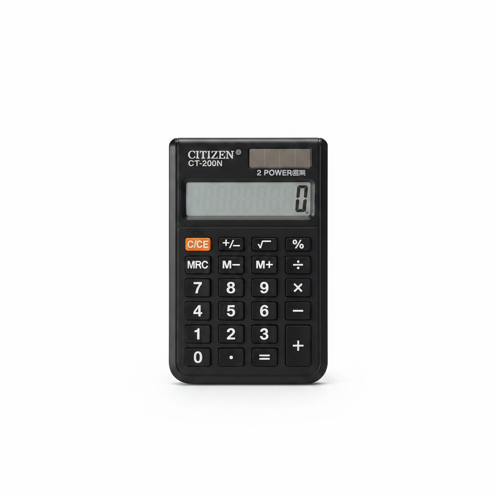 Citizen CT-200N Pocket Calculator - Black Body with Orange C/CE Button and Flip Cover