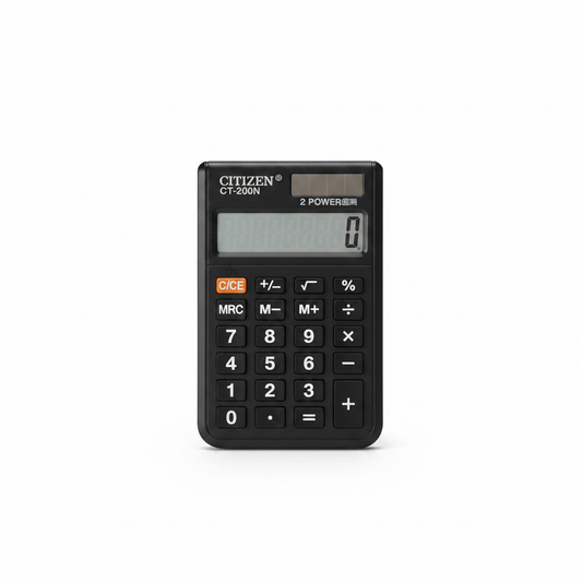 Citizen CT-200N Pocket Calculator - Black Body with Orange C/CE Button and Flip Cover