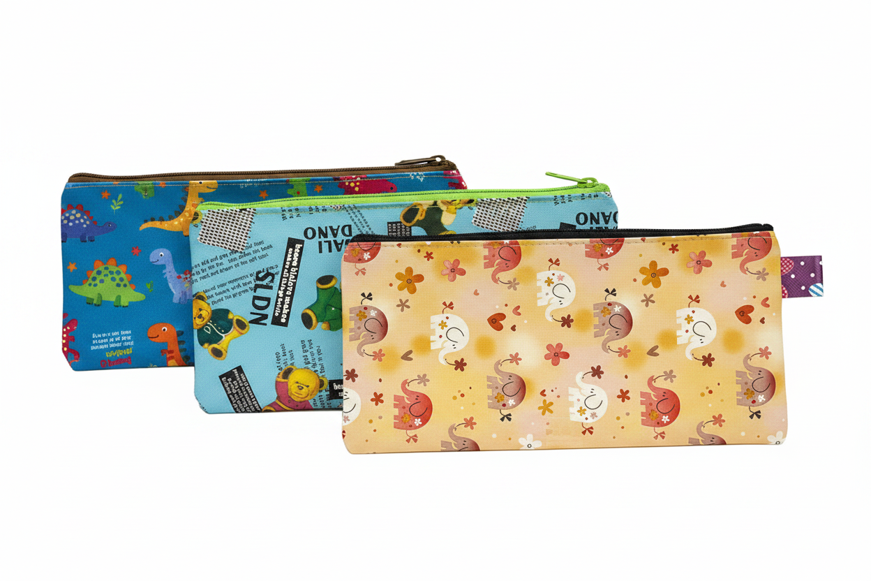 Assorted cute pencil pouches on white background