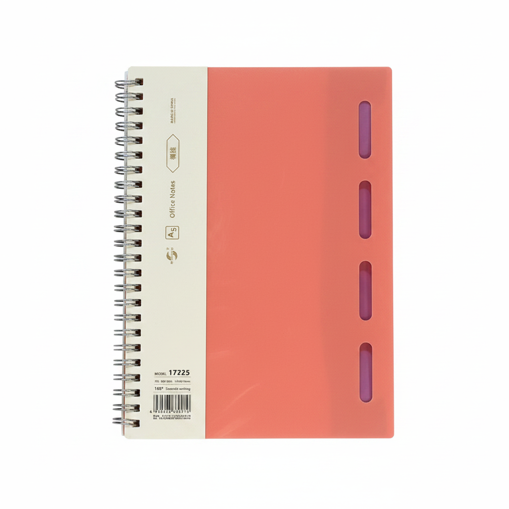 Office Notes A5 Spiral Notebook - Coral Pink Cover with Purple Tab Dividers