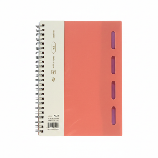 Office Notes A5 Spiral Notebook - Coral Pink Cover with Purple Tab Dividers