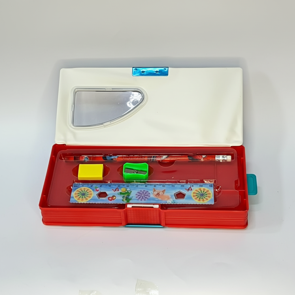 Ultraman Geometry Box Set - Open Showing Pencil Ruler Eraser and Sharpener Inside