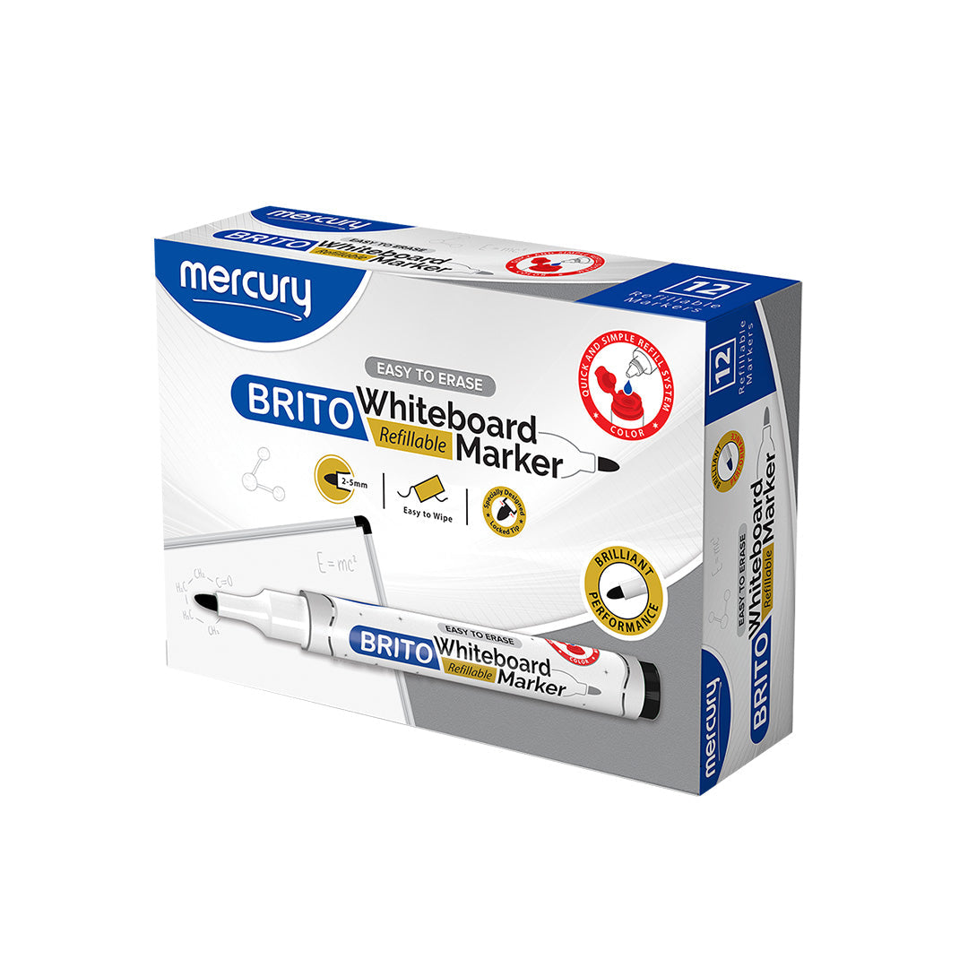 Mercury Brito Whiteboard Refillable Marker 12 pack white box with chisel tip marker