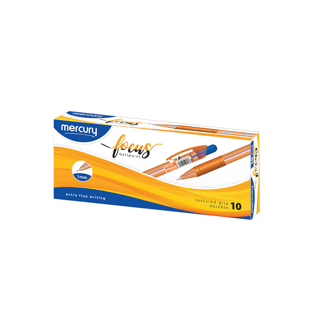 Mercury Focus Ballpoint Pen 1mm extra fine writing 10 pack orange and white box