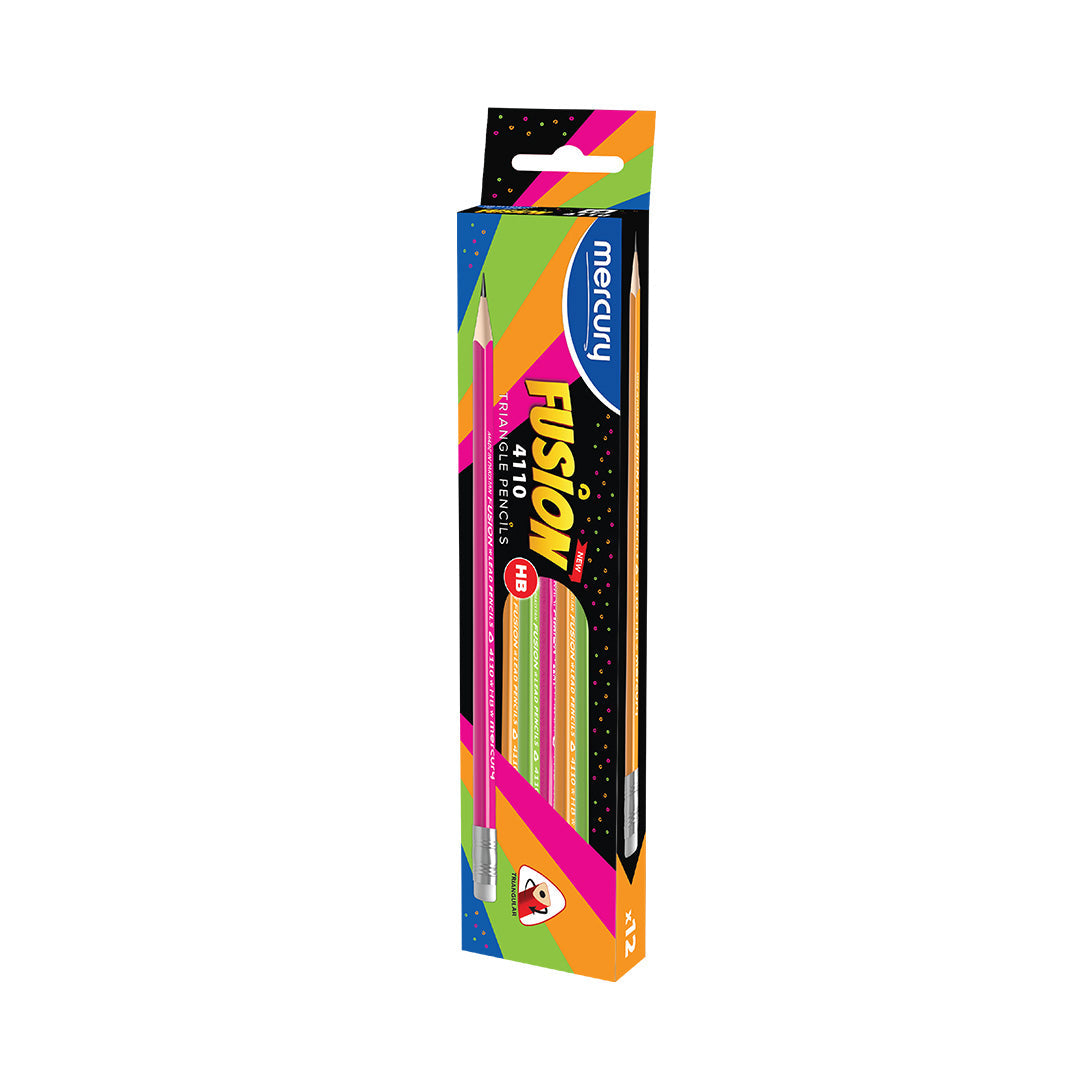 Mercury Fusion 4110 Triangle HB Pencils neon pink yellow orange barrel with eraser 12 pack box