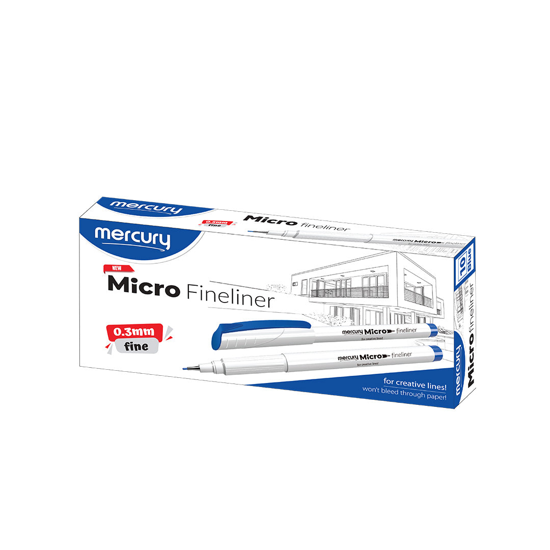 Mercury Micro Fineliner 0.3mm fine tip pen in white and blue packaging