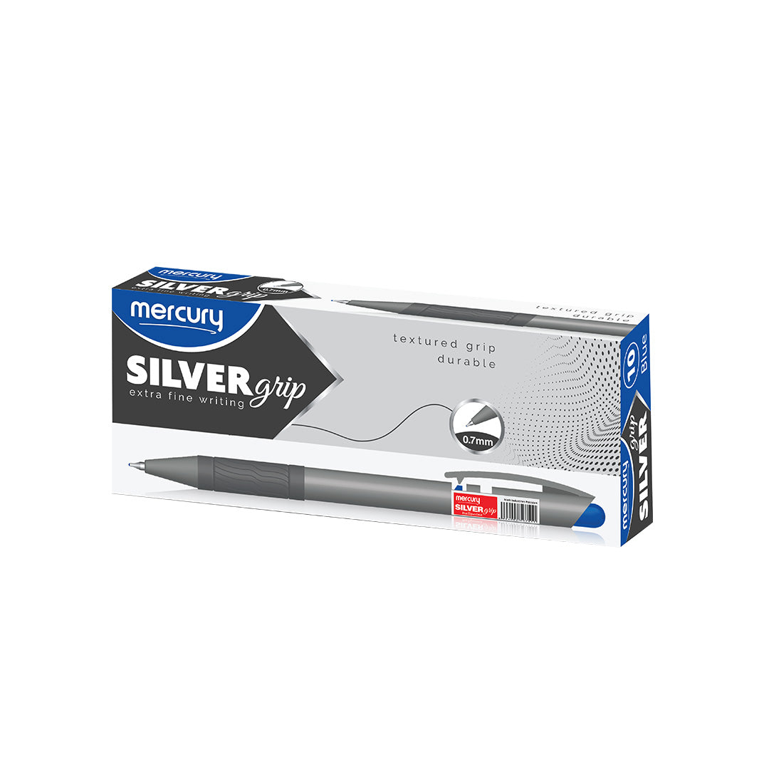 Mercury Silver Grip Ballpoint Pen 0.7mm extra fine writing 10 pack grey and blue box